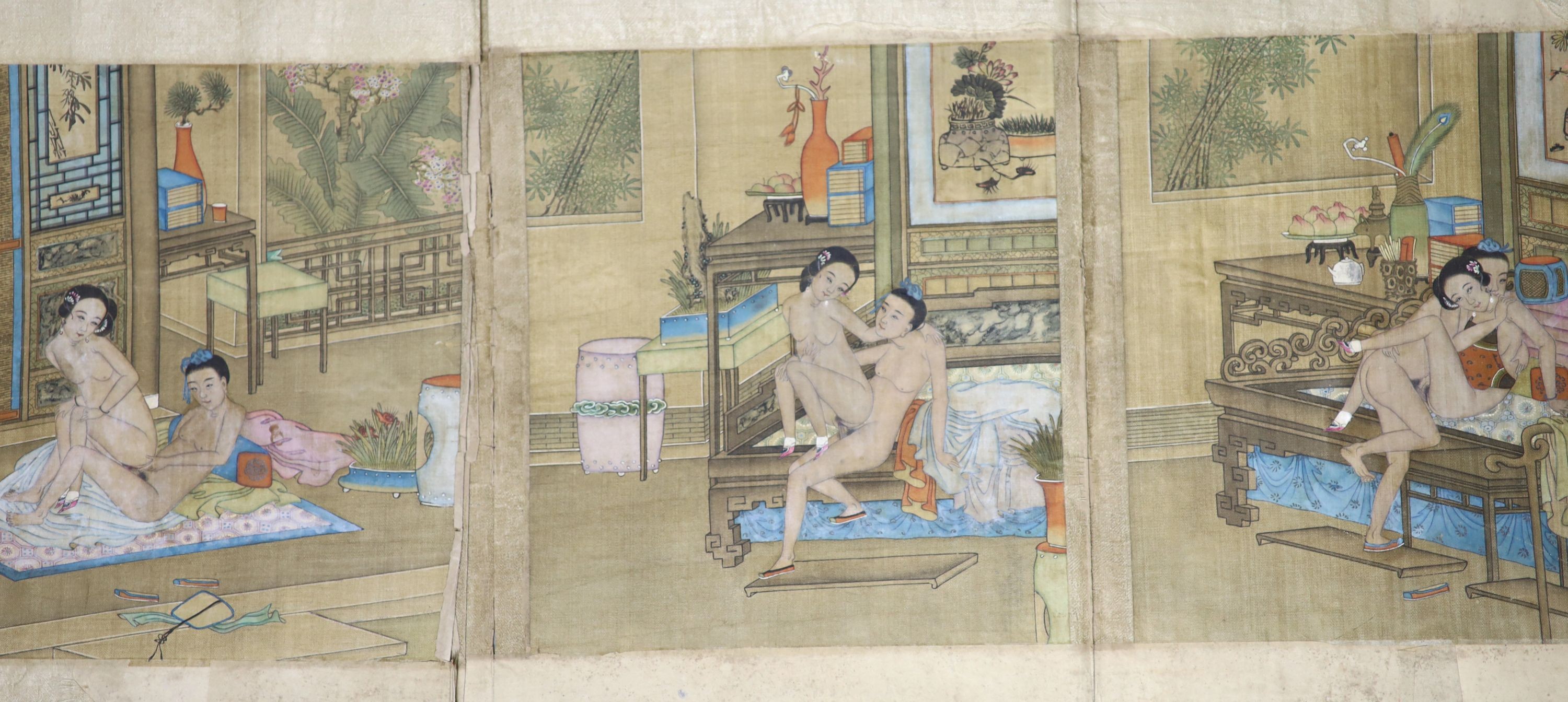 A group of six 19th century Chinese erotic paintings on silk, 27 x 22cm total dimensions